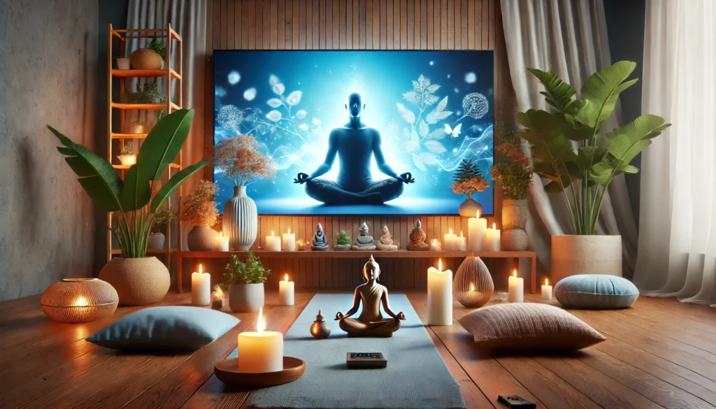 Serene meditation space with a person seated cross-legged, surrounded by candles and calming elements like soft cushions and plants, emphasizing mindfulness for irritability.