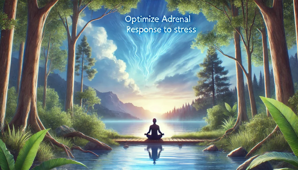 Calm natural setting with a person meditating near a tranquil lake, symbolizing mindfulness practices to optimize adrenal response to stress.