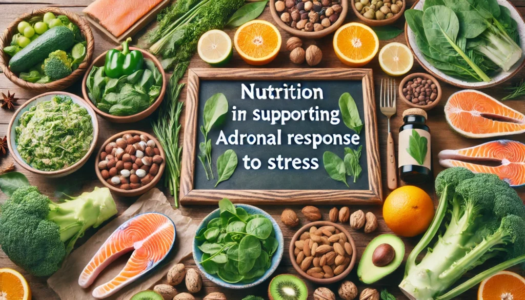 Kitchen table featuring nutrient-rich foods like leafy greens, citrus fruits, nuts, and salmon, emphasizing nutrition in supporting adrenal response to stress.