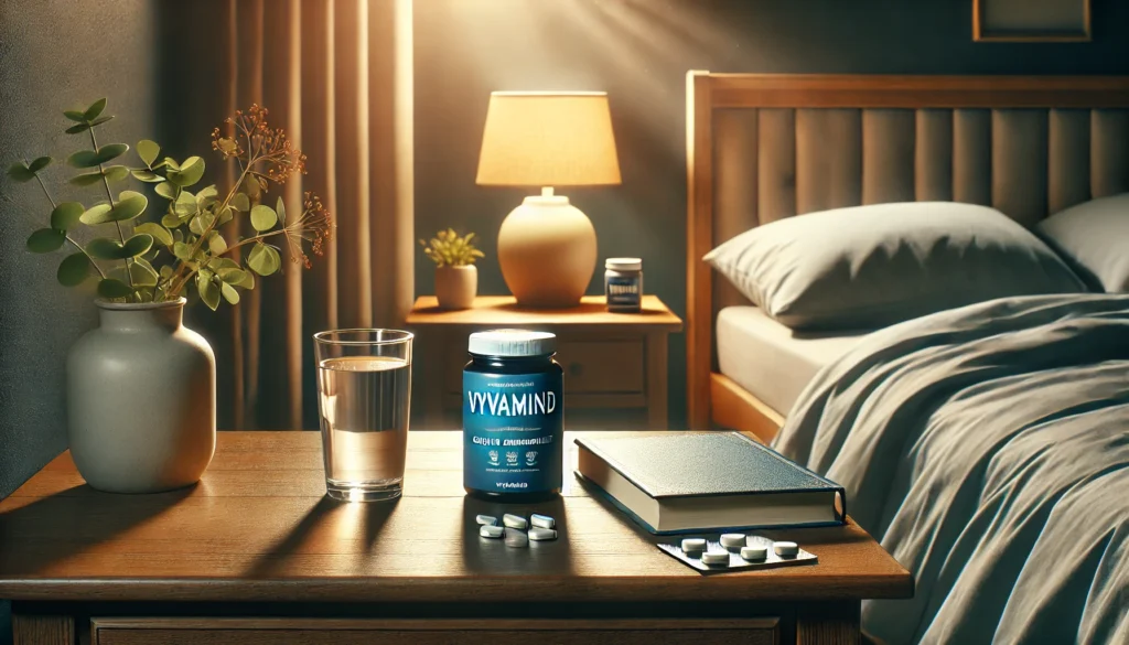 A serene bedroom with soft, warm lighting, showcasing a bedside table with supplements resembling Vyvamind, a glass of water, and an open book, symbolizing mindfulness and potential sleep disturbances.