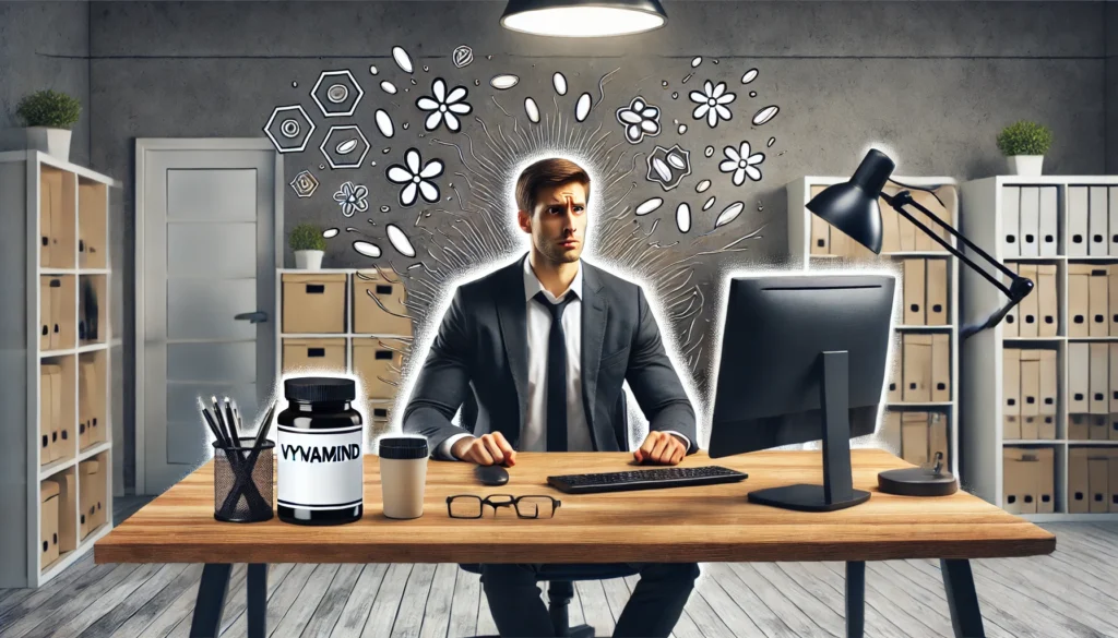 A professional office environment with a person sitting at their desk, appearing slightly anxious or jittery, symbolizing potential side effects of stimulants like Vyvamind, with a computer, coffee cup, and supplements on the desk