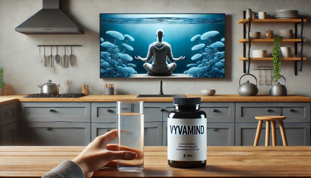 A minimalist kitchen with a person holding a glass of water while looking at a bottle of supplements resembling Vyvamind on the counter, symbolizing health awareness and hydration to mitigate side effects.