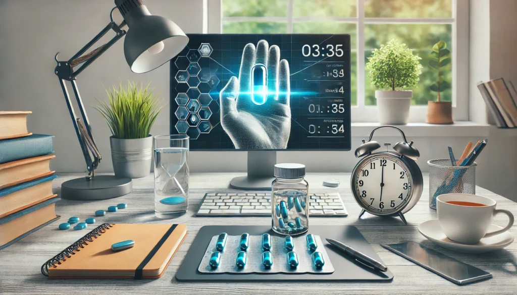 A bright and organized home office with a person examining a pill resembling Noopept near a clock, symbolizing timing and duration of effects, accompanied by a glass of water, notebook, and a plant for a balanced atmosphere