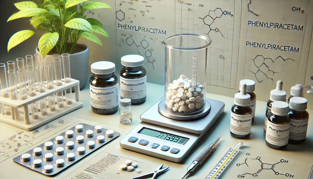 A home laboratory-style setup featuring phenylpiracetam pills in a small container, accompanied by measuring tools like a scale and dropper, with scientific notes and a plant in the background, emphasizing precision and responsible nootropic use.