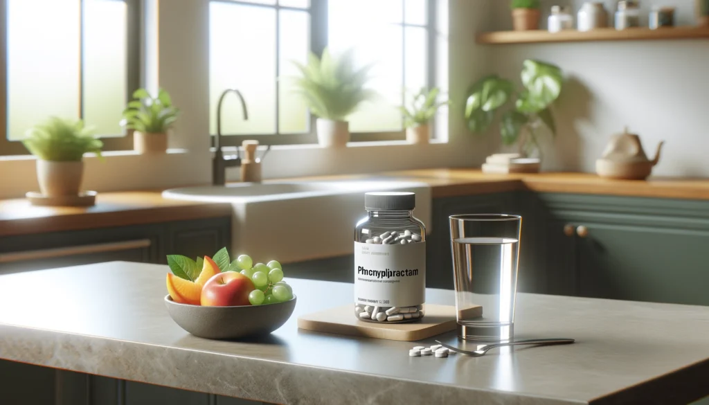 A minimalist kitchen counter featuring a bottle of phenylpiracetam pills, a glass of water, and a small bowl of fresh fruit, symbolizing wellness and responsible supplementation in a clean, health-focused environment with natural lighting.