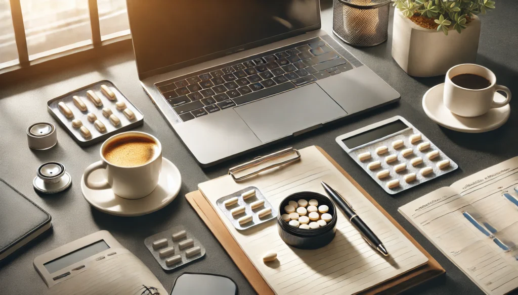 A professional office desk featuring phenylpiracetam pills in a small container, placed next to a laptop, a cup of coffee, and a planner, symbolizing focus and productivity in a calm and efficient workspace with natural lighting.