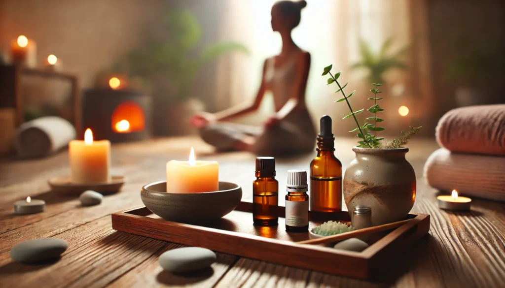 A peaceful meditation scene with essential oil blends for anxiety and panic attacks, a lit candle, and a ceramic dish of oil on a wooden tray, fostering relaxation and mindfulness.