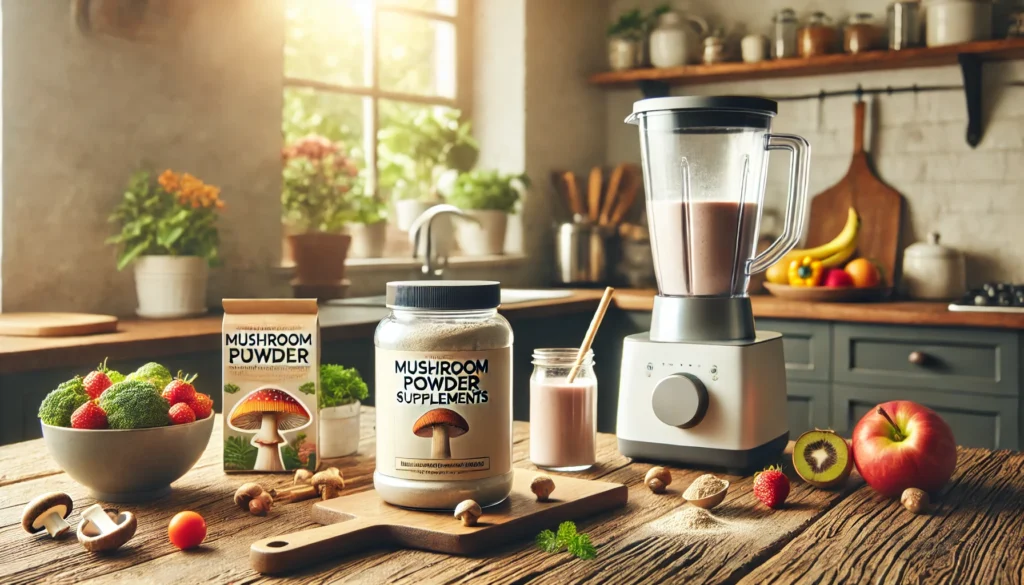 A cozy kitchen setup featuring a container of mushroom powder supplements next to a blender and fresh ingredients for a smoothie, with natural light and wooden accents creating a warm and inviting atmosphere.