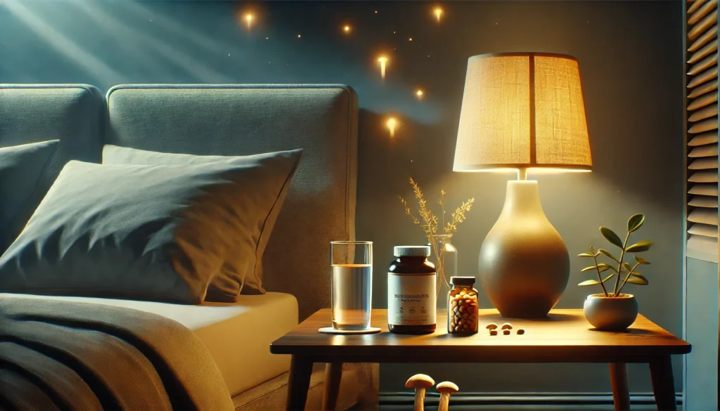 A serene bedroom setting with a nightstand holding a bottle of mushroom supplements, a glass of water, and a soft lamp emitting warm light, symbolizing relaxation and mental well-being.