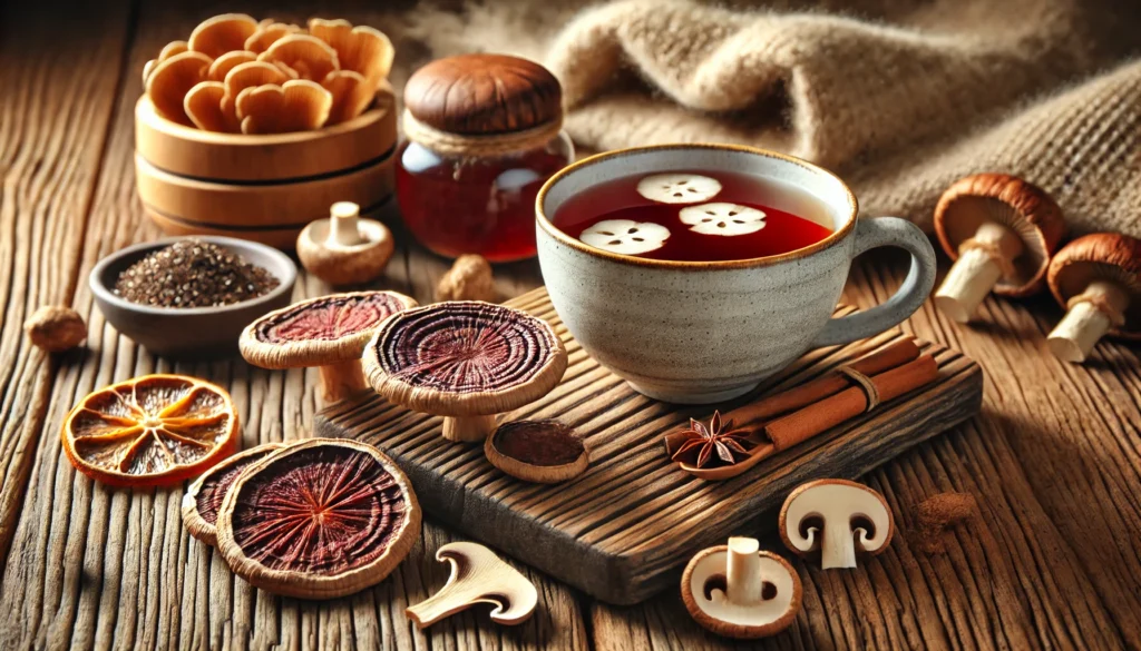 "A cup of warm mushroom tea made from Reishi and Chaga mushrooms on a wooden table, surrounded by fresh mushroom slices and a cozy blanket in the background, symbolizing natural relaxation and mental wellness.
