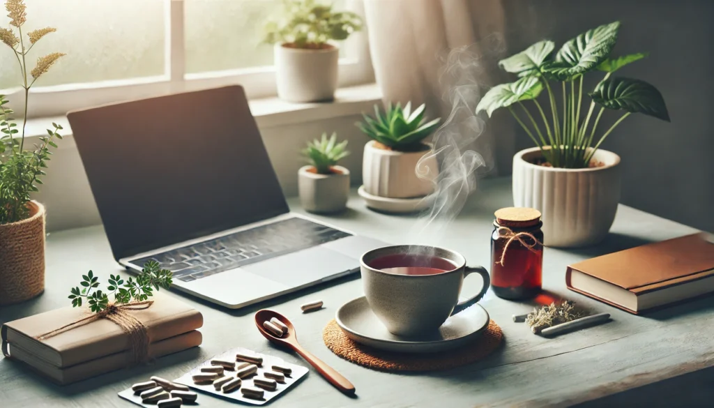 A minimalist workspace featuring a neatly organized desk with valerian root capsules, a laptop, a steaming cup of herbal tea, and a small plant. Soft natural light from a nearby window enhances the calming and productive environment.
