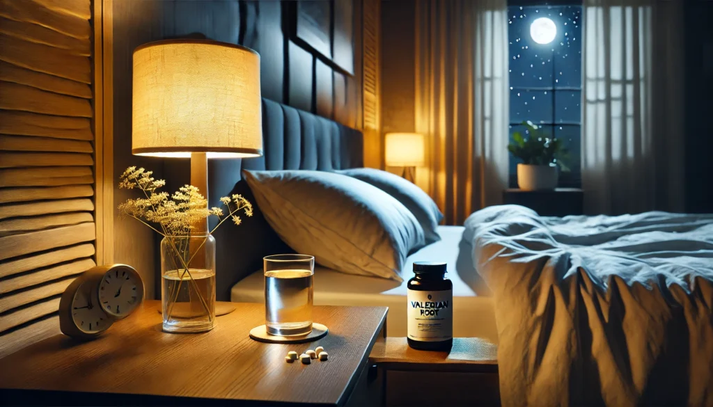 A tranquil nighttime bedroom setting featuring a softly glowing lamp on a nightstand, alongside a bottle of valerian root supplements and a glass of water, creating a calming atmosphere for restful sleep.