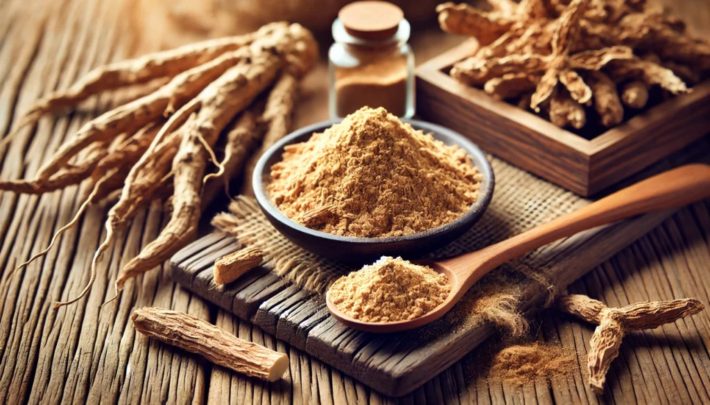 A close-up view of dried ashwagandha roots and fine powder on a rustic wooden surface, emphasizing the traditional use of Somnifera root for sleep and stress relief.