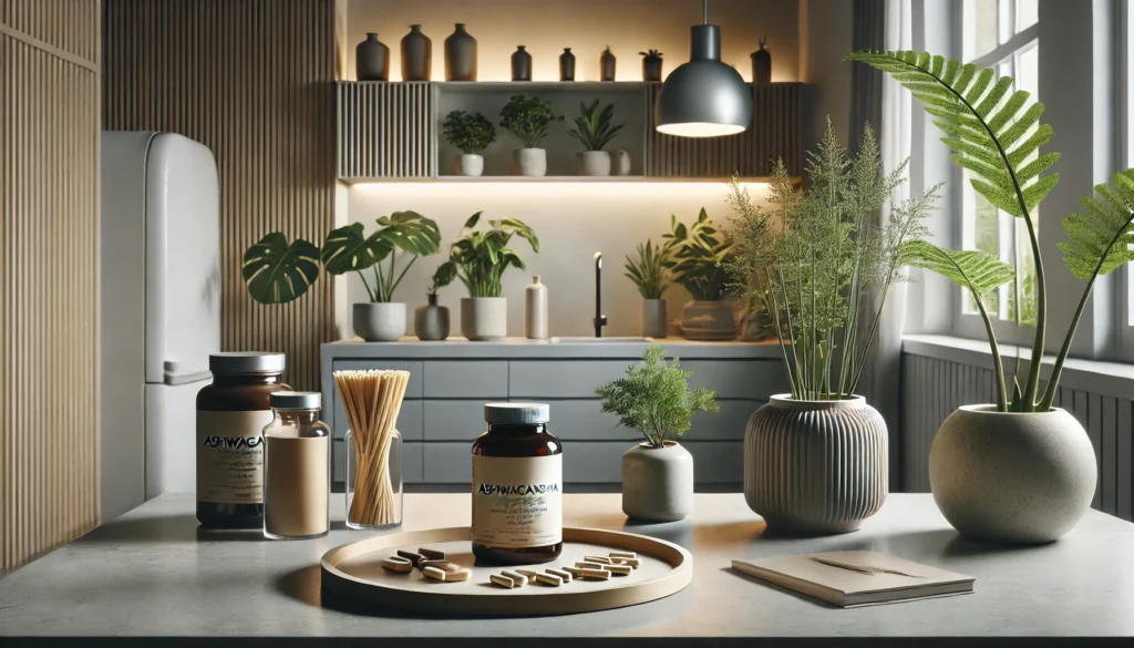 A sleek wellness setup with ashwagandha capsules and powder on a minimalistic countertop, surrounded by soft lighting and indoor plants, symbolizing Somnifera root benefits for sleep and stress relief.