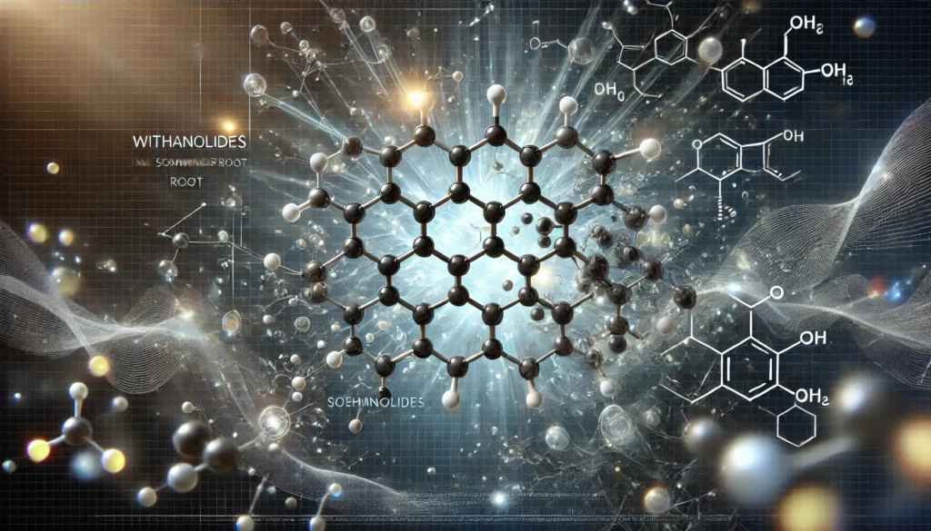 An artistic visualization of the molecular structure of withanolides, the active compounds in Somnifera root, set against a glowing scientific background to emphasize its sleep-enhancing benefits.
