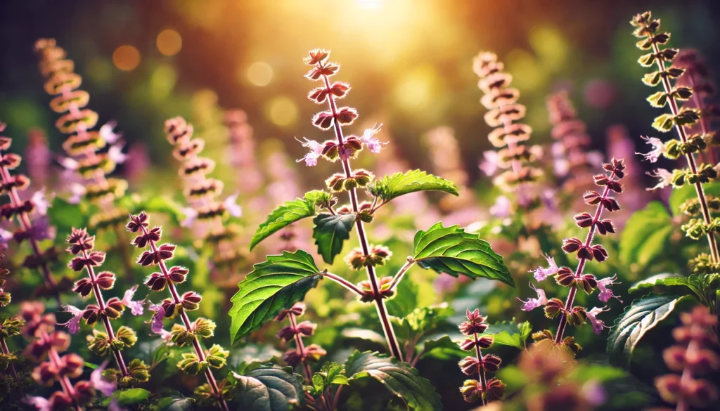 A close-up view of Holy Basil (Tulsi) plants with vibrant green leaves and delicate purple flowers in a natural garden setting under warm sunlight, emphasizing its role as a natural alternative to Ashwagandha.
