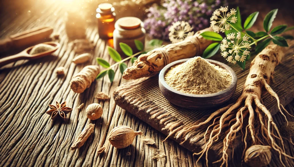 A close-up view of ashwagandha roots and powder on a rustic wooden surface, softly illuminated by sunlight and surrounded by dried herbs, emphasizing its traditional role in managing panic relief.