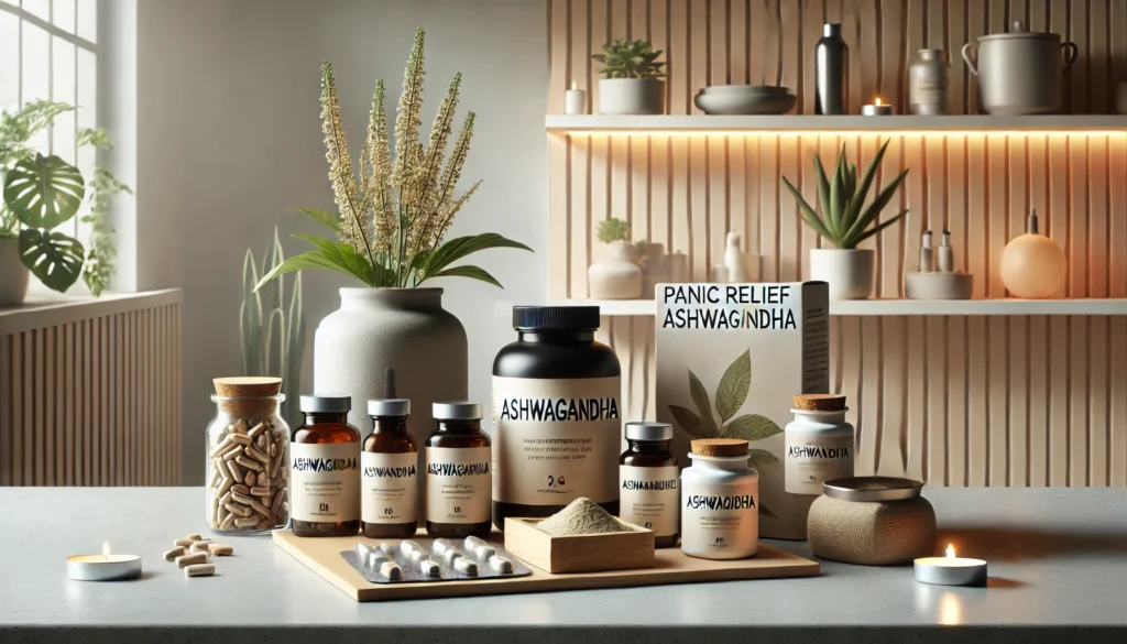 A clean and organized wellness setup displaying ashwagandha supplements in the form of capsules and powder on a minimalistic countertop, surrounded by indoor plants and soft lighting, symbolizing its role in managing panic relief.