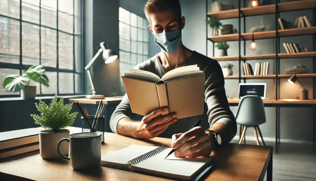 A distraction-free study environment with a person reading a book at a minimalistic desk, accompanied by a notebook for jotting down key points.
ALT text: "Best way to read with a short attention span – creating a focused study environment with note-taking strategies."