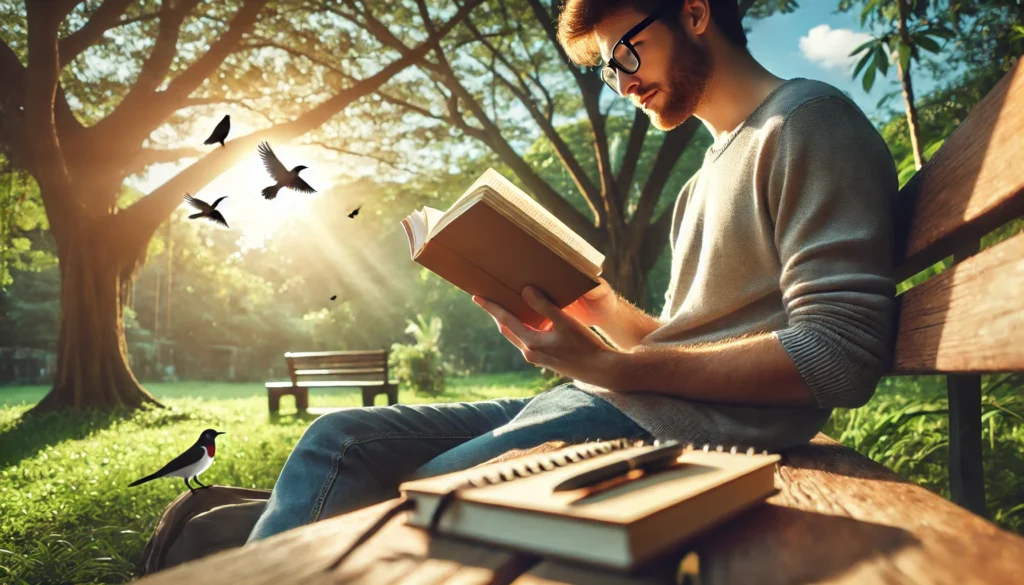 An individual reading outdoors on a wooden bench in a peaceful park, away from digital distractions, with a notebook beside them.
ALT text: "Best way to read with a short attention span – enjoying focused reading in a tranquil park setting, free from distractions."
Let me know if you'd like any modifications!