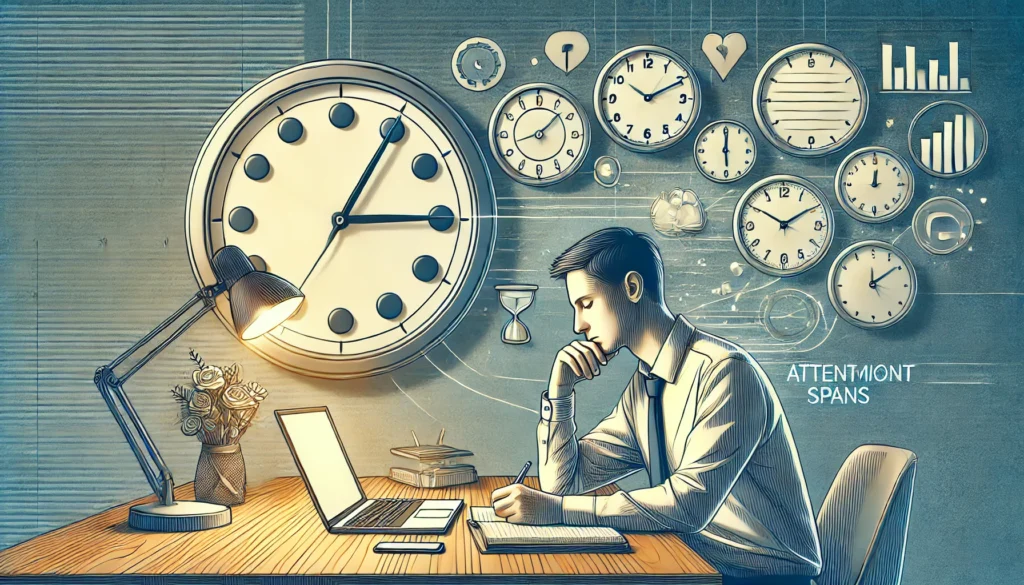 A conceptual illustration of attention span, depicting a person at a desk with a clock in the background, showing varying levels of focus.
ALT text: "Average attention span – conceptual image showing fluctuating focus in a modern work environment."
