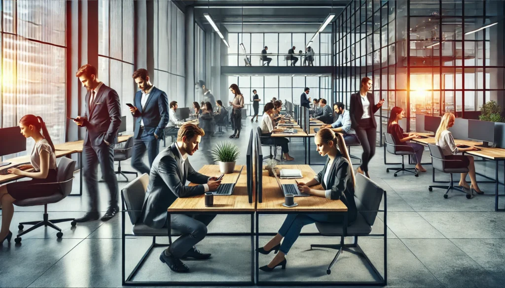 A modern office scene where some individuals are focused on work while others are distracted by smartphones and side conversations.
ALT text: "Average attention span in the workplace – illustrating the impact of digital distractions on productivity."