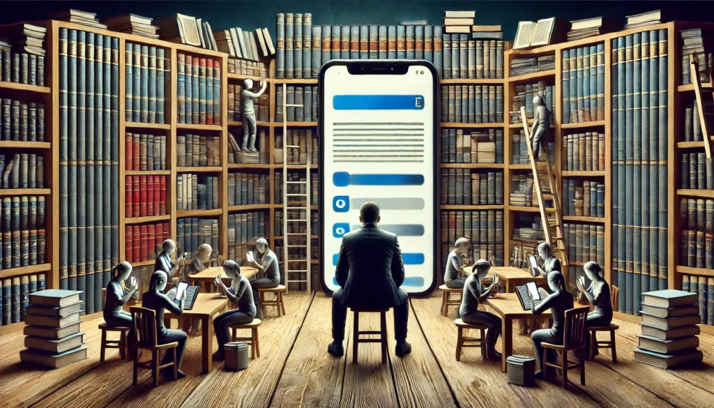 A person sitting in a library, surrounded by books, but looking at their smartphone instead of reading, symbolizing the struggle between focus and distractions.
ALT text: "Challenges of maintaining an average attention span – balancing deep reading and digital distractions in a library setting."