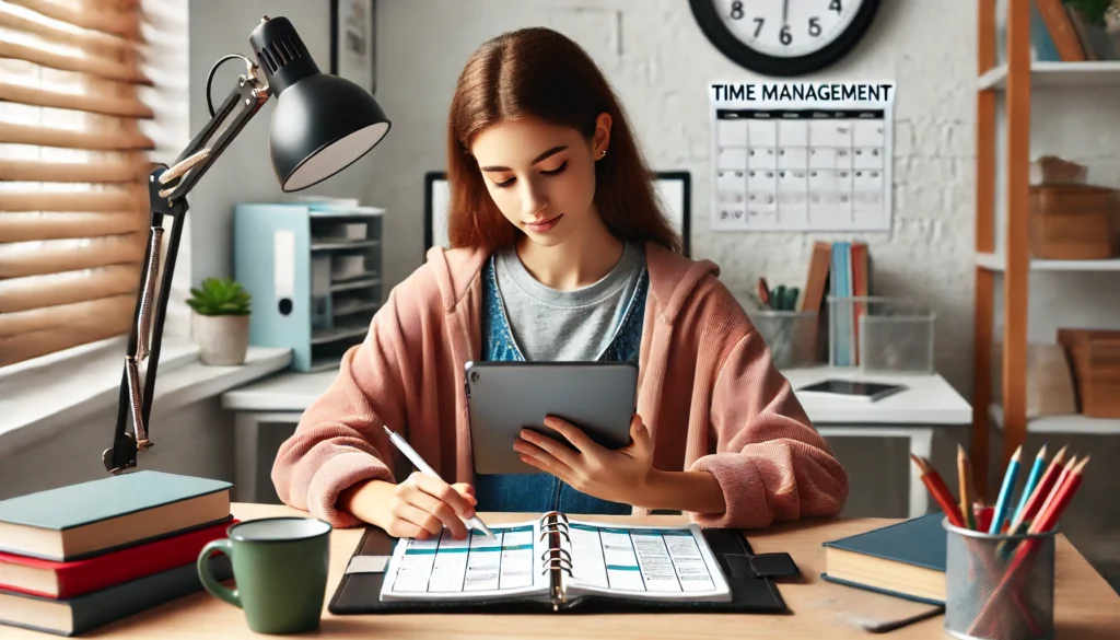 A student using a digital planner on a tablet while sitting at a desk, surrounded by books and study materials, demonstrating modern time management.
ALT text: "Simple way to explain what time management is for students – leveraging a digital planner for efficient study scheduling and task organization."