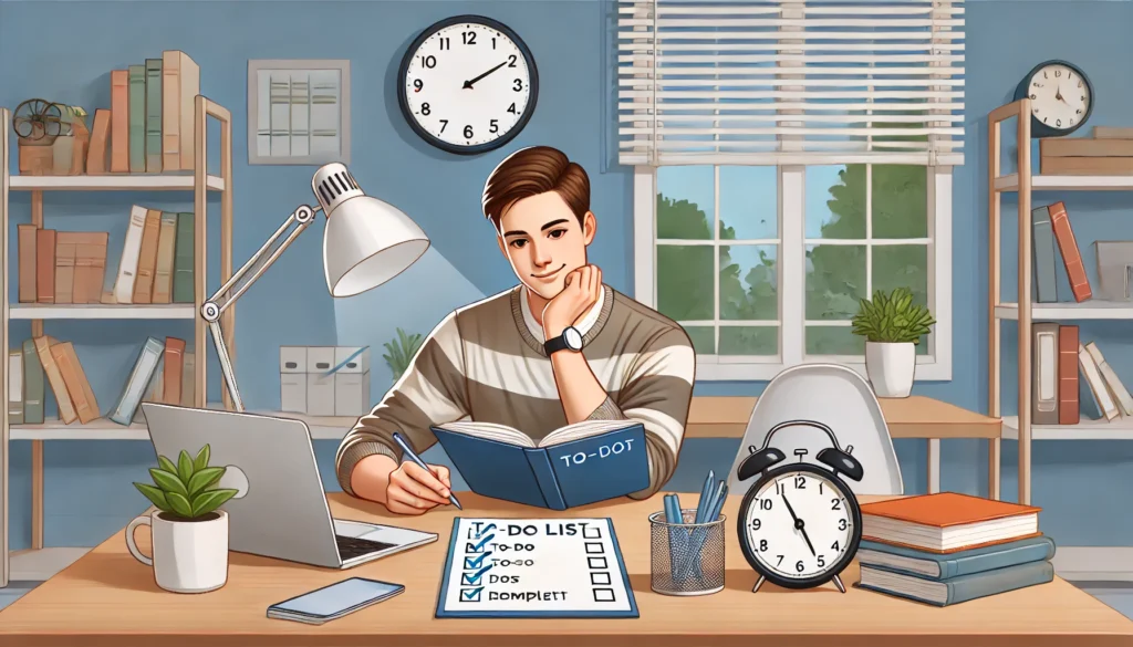 A student checking off completed tasks on a to-do list, with a clock, laptop, and books on a well-lit desk, showcasing effective planning.
ALT text: "Simple way to explain what time management is for students – managing study tasks with a to-do list to improve productivity."