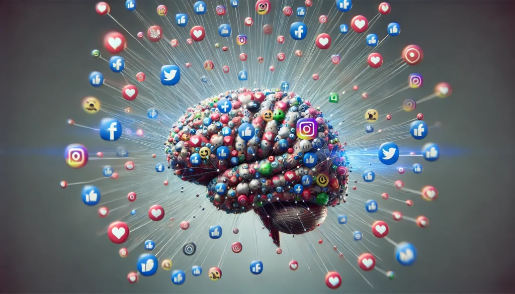 A conceptual illustration of a brain surrounded by floating social media icons, visually representing overstimulation and cognitive distractions.
ALT text: "Social media and attention span – the impact of digital overstimulation on cognitive focus and concentration."