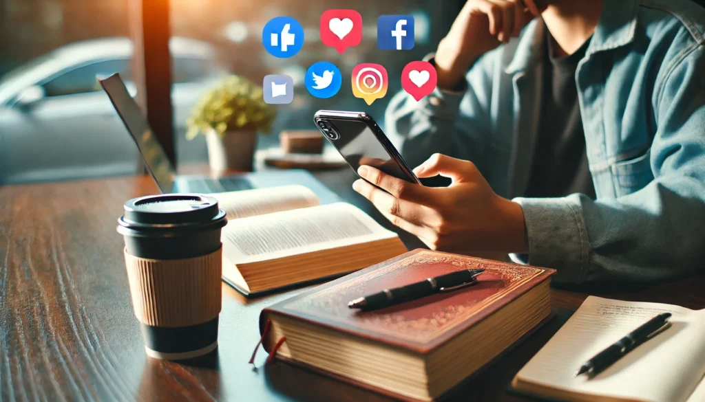 A person scrolling through social media on their phone while an open book remains unread on the table, symbolizing digital distraction.
ALT text: "Social media and attention span – the struggle of balancing digital engagement and deep focus in a study environment."