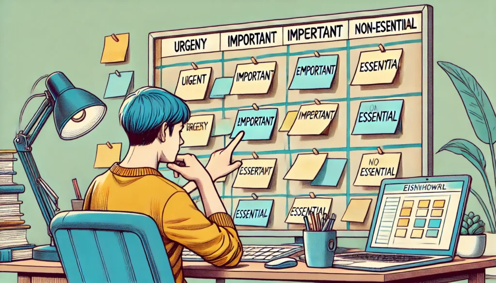 "Simple way to explain what time management is for students – A student categorizing tasks using the Eisenhower Matrix with sticky notes, prioritizing urgent and important assignments on a study desk."