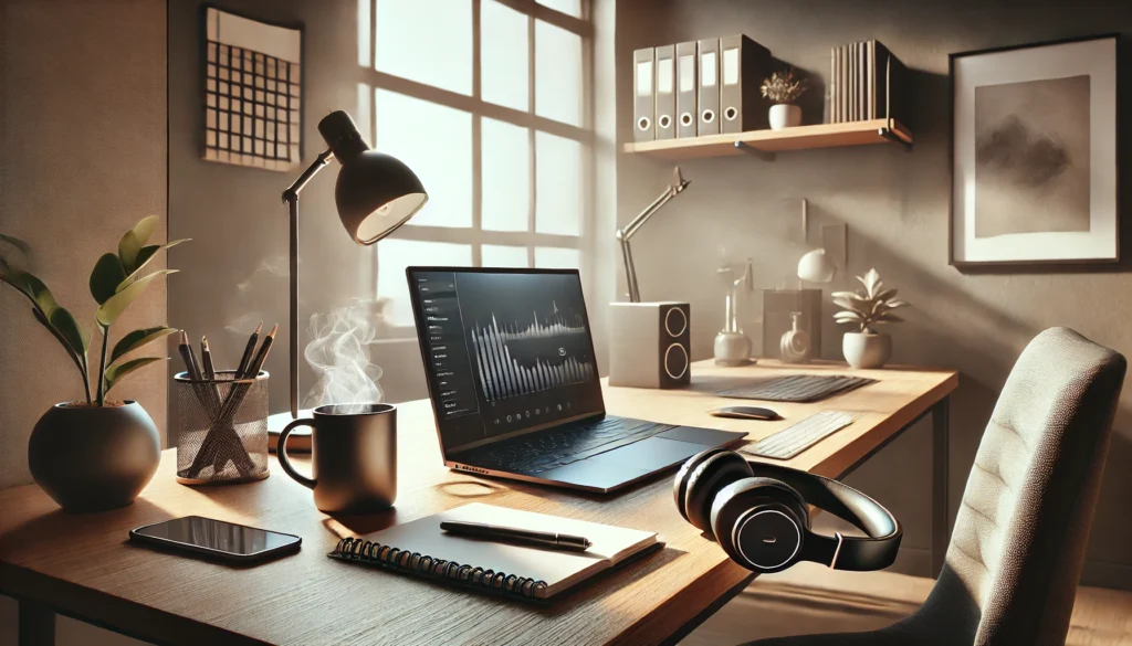 "A modern home office setup featuring wireless headphones, a laptop, a notepad, and a coffee mug, bathed in natural light with minimalistic decor for maintaining focus while working from home."