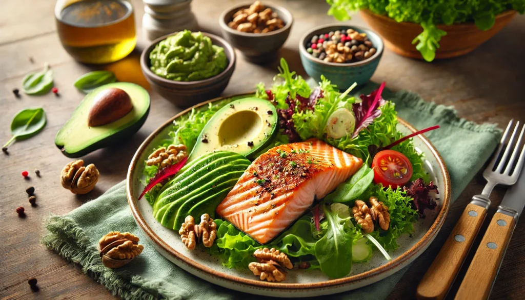 "A beautifully plated dish of grilled salmon with avocado, walnuts, and a mixed greens salad, showcasing foods that make you concentrate."