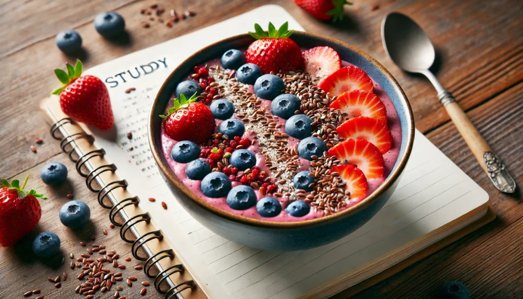 "A beautifully arranged smoothie bowl topped with fresh strawberries, blueberries, flaxseeds, and granola, sitting next to an open notebook as a nutritious great study snack."