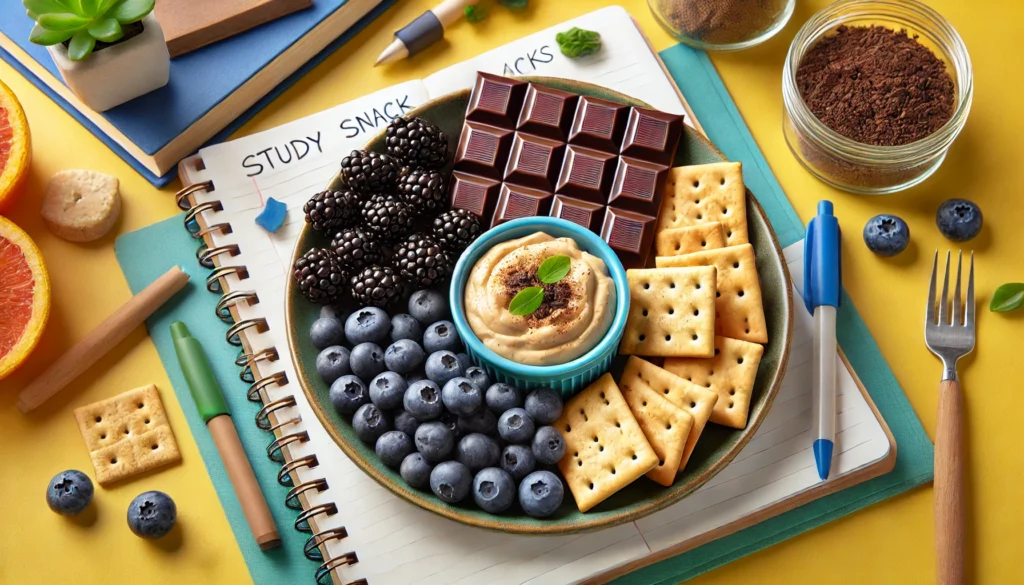 "A healthy snack plate featuring dark chocolate squares, fresh blueberries, and whole-grain crackers with hummus, set on a bright study table with notebooks and pens."
