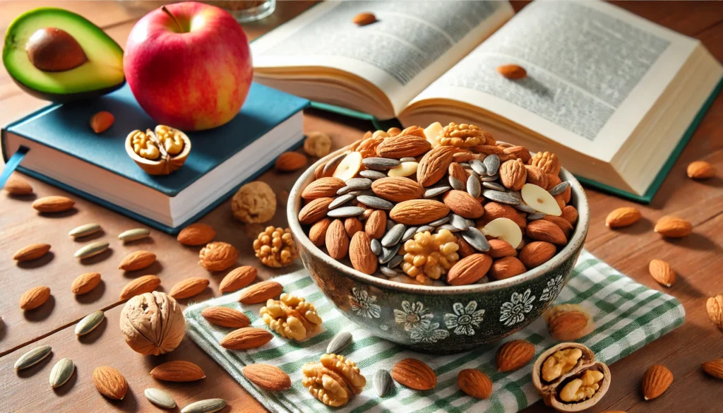 "A close-up shot of a bowl filled with a mix of almonds, walnuts, and sunflower seeds, placed next to an open book on a study desk, showcasing great study snacks."