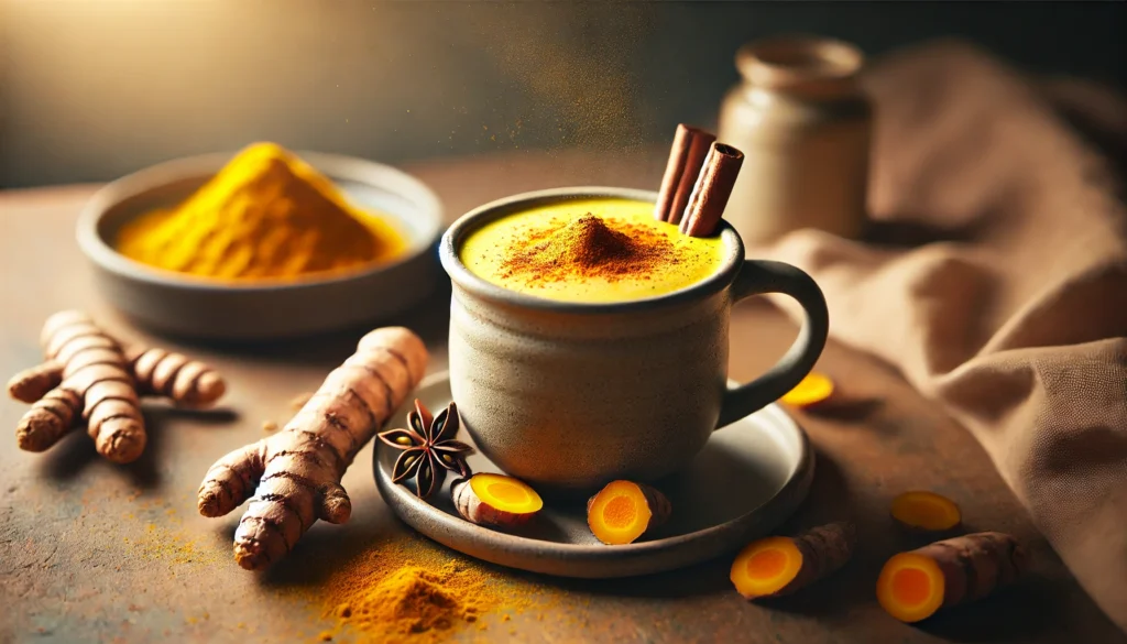 "A warm turmeric latte in a ceramic mug, sprinkled with cinnamon and served with fresh turmeric root, highlighting the brain-boosting benefits of turmeric for memory."