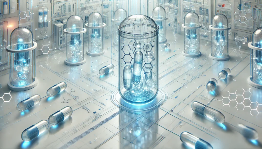 A high-tech visualization of synthetic nootropics with glowing capsules and molecular structures, representing innovation in cognitive enhancement through neuro tropics.