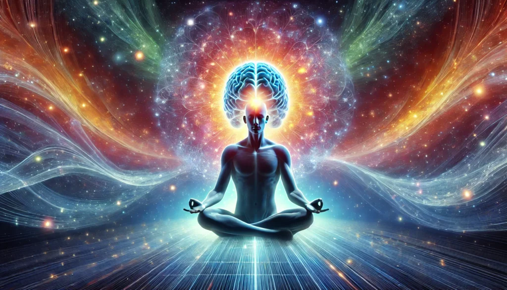 A serene depiction of a meditating human figure with a glowing aura around their head, symbolizing mental clarity and the transformative power of neuro tropics.