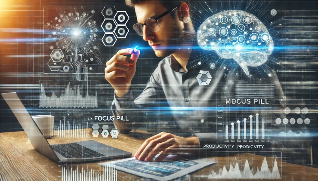 A young professional taking a focus pill while working on a complex project, with digital overlays of brain activity and productivity charts.
ALT Text: "A professional taking a focus pill while working, with brain activity overlays symbolizing enhanced mental performance."