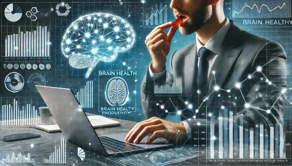 A professional taking a brain health gummy while working on a laptop, with digital overlays of brain activity and productivity charts.
ALT Text: "A professional consuming brain health gummies while working, with brain activity visuals showcasing mental clarity and efficiency."