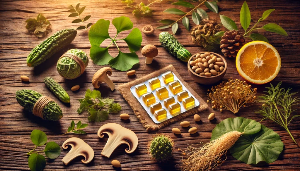 A natural-themed composition of brain health gummies surrounded by fresh ingredients like ginkgo biloba, bacopa monnieri, and lion’s mane mushroom on a rustic wooden table.
ALT Text: "Best natural brain health gummies accompanied by fresh herbal ingredients, highlighting their cognitive-boosting properties."