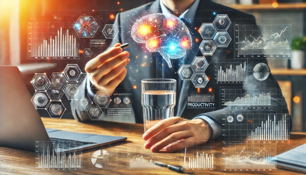 A dynamic image of a professional taking a supplement capsule with a glass of water while working on a laptop, with digital overlays of brain activity and productivity graphs.
ALT Text: "A professional taking a supplement for focus and concentration while working, with digital overlays of brain activity and productivity graphs."