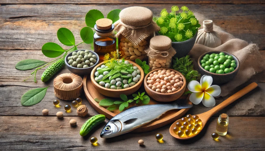 A natural-themed composition featuring supplements for focus and concentration, arranged with fresh ingredients like ginkgo biloba, omega-3 fish oil, and bacopa monnieri on a rustic wooden table.
ALT Text: "Natural supplements for focus and concentration displayed alongside ingredients like ginkgo biloba and omega-3 fish oil on a rustic table."