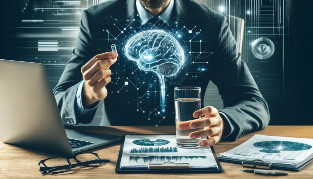 A dynamic image of a professional taking a brain health supplement capsule with a glass of water while working on a laptop, with digital overlays of brain activity and cognitive performance metrics.
ALT Text: "A professional taking brain health supplements while working, with brain activity overlays representing enhanced mental clarity and focus."