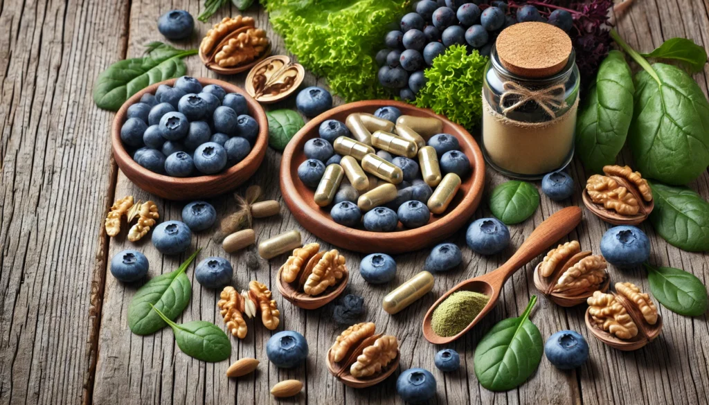 A natural-themed composition featuring brain health supplements in capsule and powder form, arranged with fresh blueberries, walnuts, and leafy greens on a rustic wooden table.
ALT Text: "Brain health supplements alongside blueberries, walnuts, and leafy greens, symbolizing a holistic approach to cognitive well-being."
