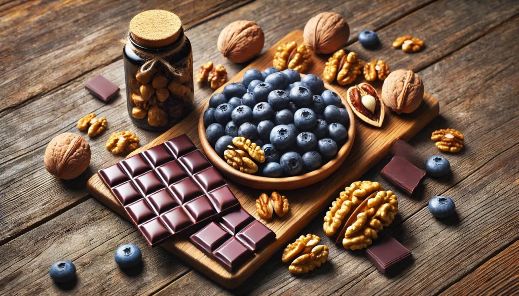 A natural-themed composition of memory vitamins for women arranged with blueberries, walnuts, and dark chocolate on a rustic wooden table.
ALT Text: "Memory vitamins for women placed alongside blueberries, walnuts, and dark chocolate, representing brain-boosting nutrients for cognitive health."