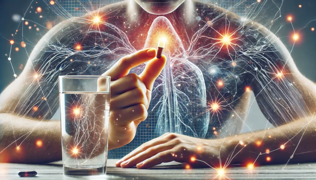 A dynamic image of a person taking a supplement capsule for nervous system support with a glass of water, with digital overlays of nerve activity and neural connections.
ALT Text: "A person taking a nervous system supplement with nerve activity visuals, representing enhanced neural function and cognitive clarity."