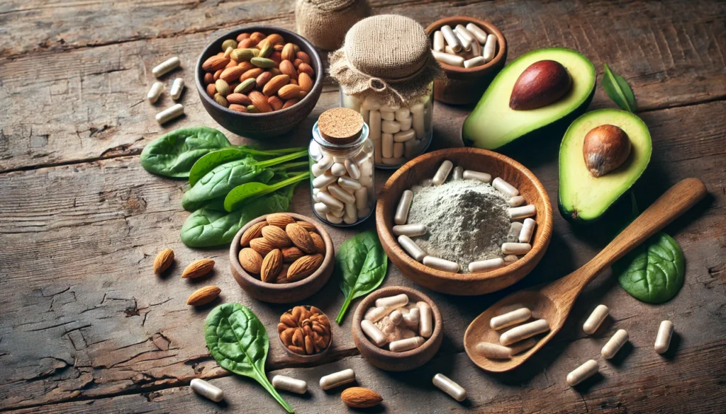 A natural-themed composition featuring supplements for the nervous system in capsule and powder form, arranged with magnesium-rich foods like spinach, almonds, and avocados on a rustic wooden table.
ALT Text: "Nervous system supplements alongside magnesium-rich foods like spinach and almonds, supporting nerve function and relaxation."